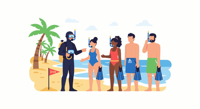 Group of people on beach preparing for diving with scuba diver