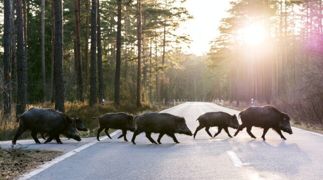 Wild boars traversing a paved road through a pine forest, bathed in warm sunset light with a prominent lens flare