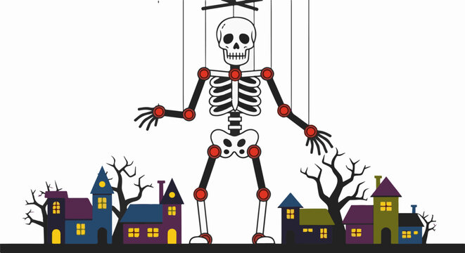 A giant skeletal puppet looms over a spooky, colorful village at night