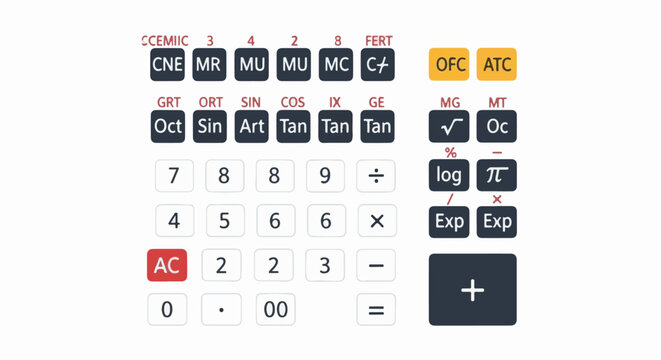 A digital calculator displaying a variety of numerical, trigonometric, and scientific functions