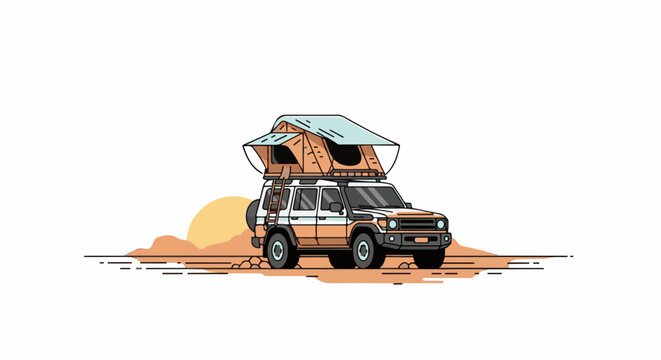 Rugged off-road vehicle with pop-up rooftop tent parked on sandy terrain at sunset