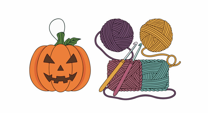 A cheerful carved pumpkin sits beside a colorful collection of yarn balls and crochet hooks