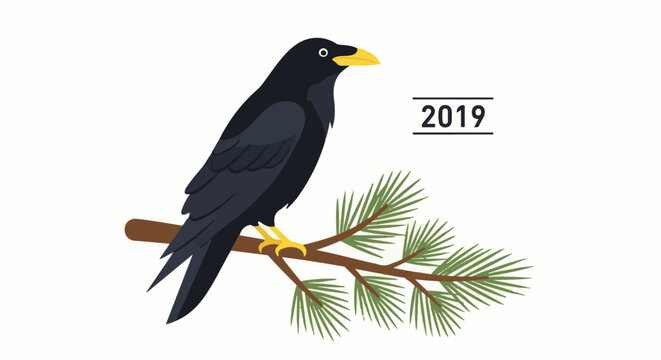 A stylized black bird with yellow beak perched on a pine branch