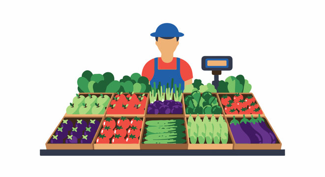 A vendor stands behind a display of fresh produce including apples, tomatoes, eggplants, and greens