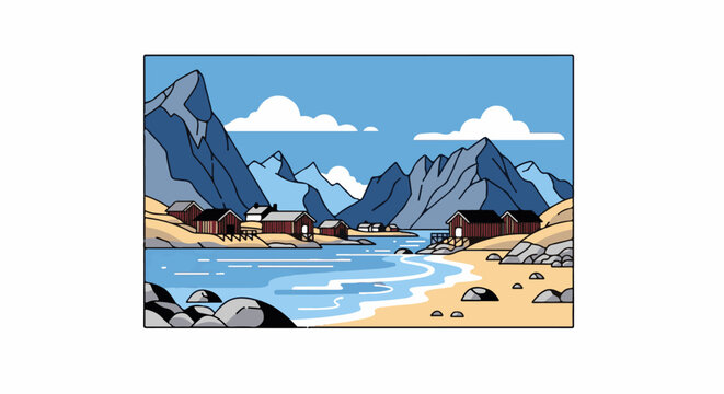 Coastal village with red cabins nestled among rugged mountains and a calm blue sea