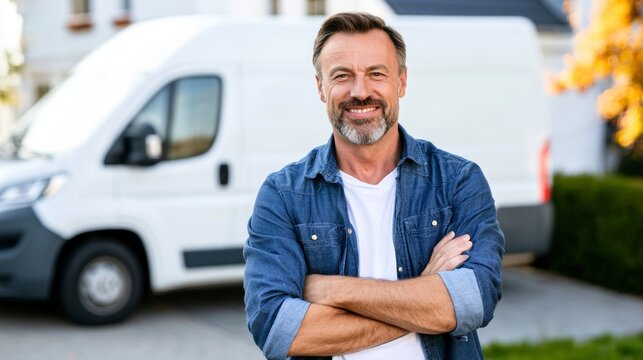 Smiling man with a beard standing confidently with arms crossed, wearing casual clothing, a white delivery van parked behind him