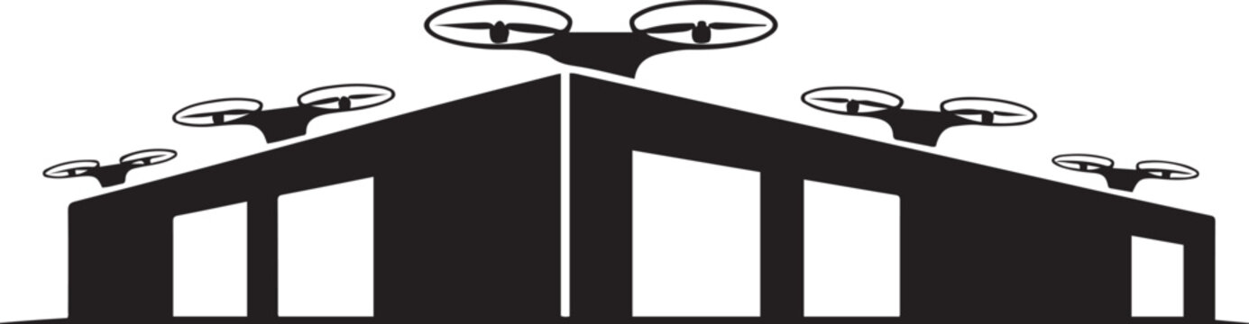Modern warehouse with drone propellers on roof black and white logo concept. silhouette vector illustration