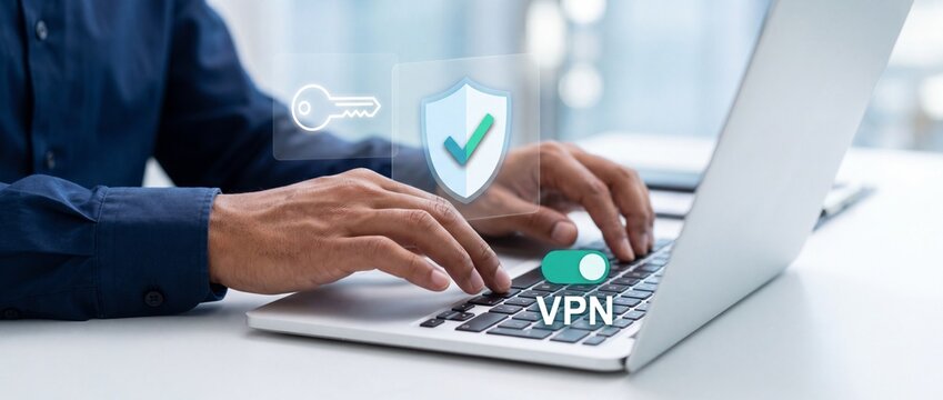Man using laptop with vpn security icons for online protection and privacy