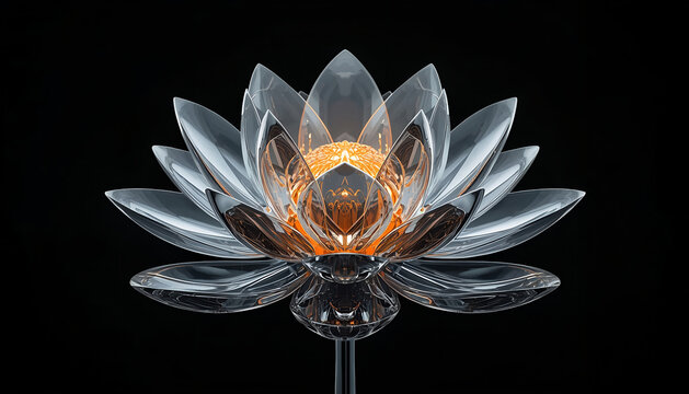 Biomechanical Chrome Lotus with Glass Petals and Glowing Energy Core