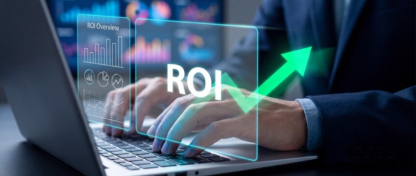Businessman analyzing financial data on laptop with roi graph and increasing green arrow