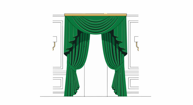 Elegant green draped curtains with a golden pelmet frame an opening