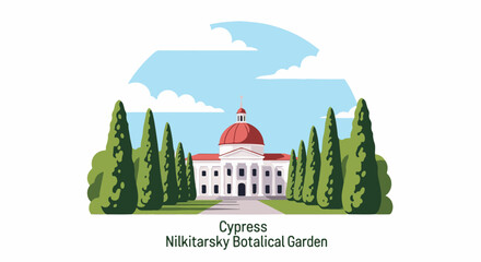 Naklejka premium Grand building with red dome flanked by manicured cypress trees and blue sky