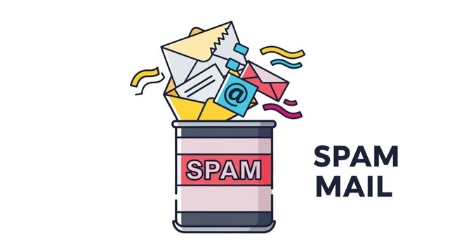 spam mail concept with overflowing trash can colorful vector illustration