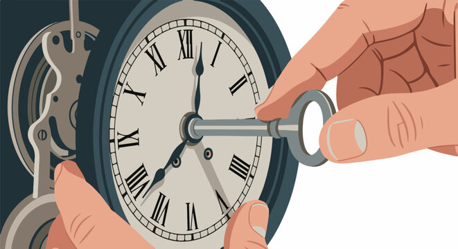 Hands adjust an old clock with a key, showcasing intricate gears