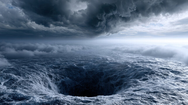 Stormy sea ocean whirlpool dark cloud dramatic sky rough water giant vortex mysterious seascape dangerous wave powerful nature extreme weather An immense stormy sea swirls around deep ocean