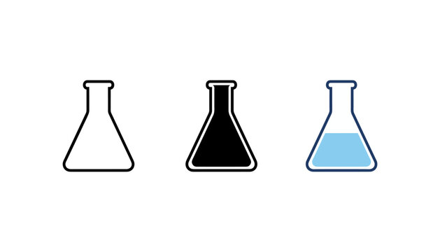 Three erlenmeyer flask line icons in black and blue on white background