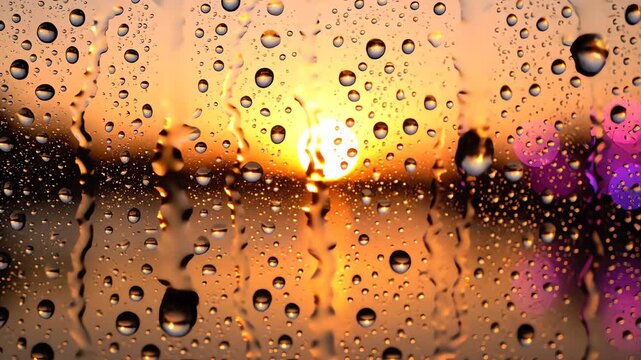 Golden hour sunlight reflecting through rain droplets on window