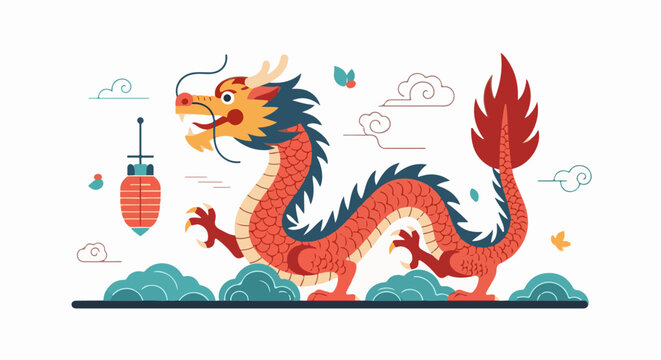 Stylized red dragon with blue mane and yellow face, surrounded by clouds