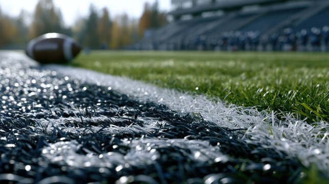 American football football field yard line turf grass end zone sports stadium fall season game day close up shallow focus close up american football yard line turf grass near end zone sports