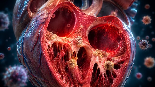 Endocarditis with Infected Heart Inner Lining and Bacterial Infection Concept, Medical Illustration