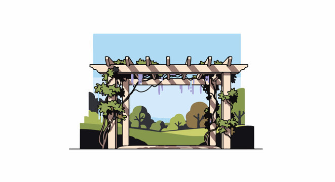 Wood pergola with climbing plants overlooks a lush, green park with trees