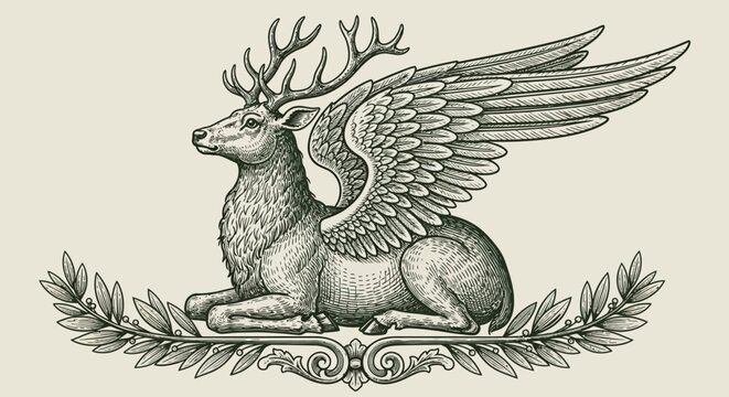 mythical creature, winged deer, antlers, vintage illustration, fantasy animal
