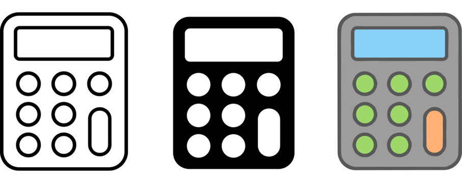 Three calculator icons in different colors and styles isolated on white background