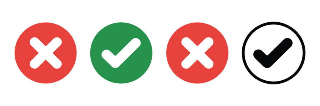 Check mark icon button set. Check box icon with right and wrong buttons and yes or no checkmark icons in green tick box and red cross. Isolated checkmark symbol, right and wrong sign concept. vector i