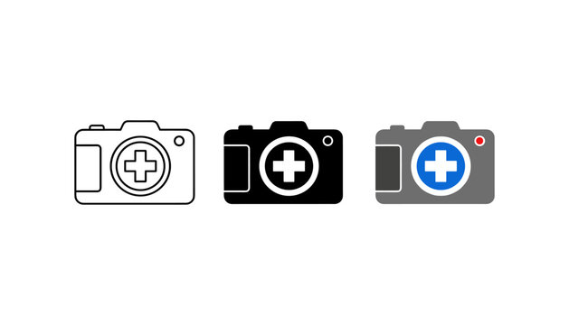 Three camera icons with cross symbols on white background