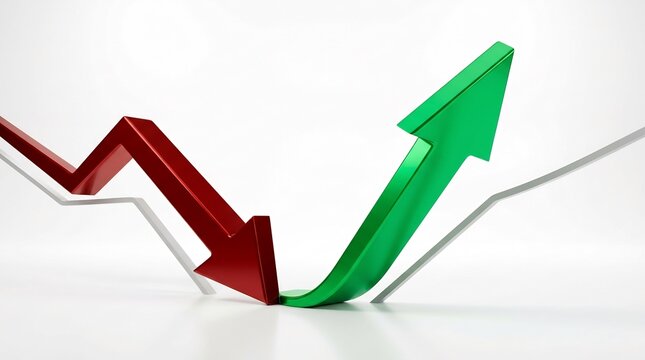 Arrow pointing upward creates a recovery trend after a significant financial decline shown by a red arrow.