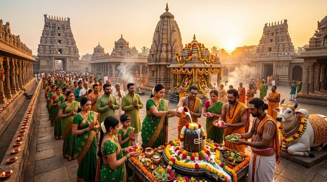 Devotees performing traditional rituals and prayers during Shravan Month celebration at a Hindu temple, offering flowers and sacred items to Lord Shiva during a spiritual festival in India