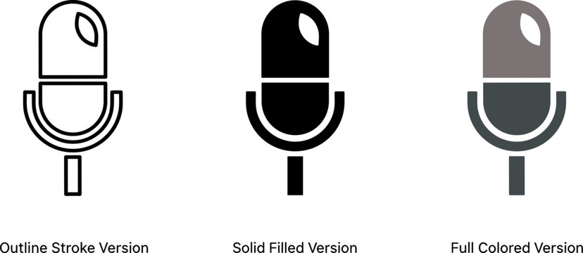 Vector microphone icons in outline, solid filled, and full colored versions