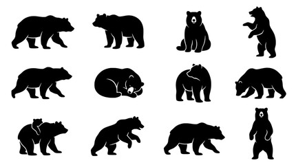 Fototapeta premium Bear animal silhouette icon pack with various poses for wildlife logo, hunting, zoo, and nature-themed vector design