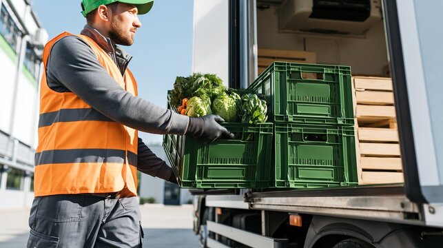Delivery worker unloading fresh produce from refrigerated truck, emphasizing food supply chain and logistics