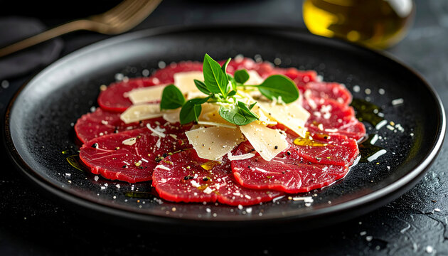 Delicate beef carpaccio with thin sliced raw beef parmesan flakes and olive oil gloss in refined fine dining presentation