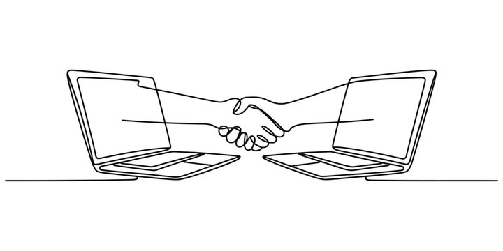Continuous line drawing of a handshake between two laptops
