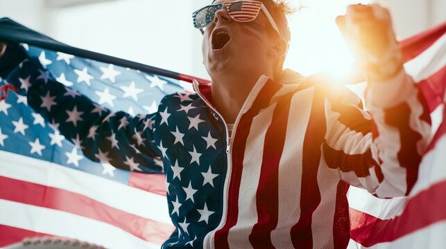 Enthusiastic American sports fan celebrating victory, cheering loudly while waving USA flag, showing national pride and support