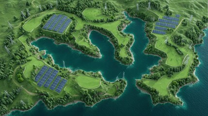 Fototapeta premium Aerial View of Renewable Energy Landscape with Solar Panels, Power Lines, and Scenic Greenery Surrounding Clear Water Bodies