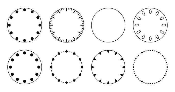 Circle watch face icon set featuring round clock dial, time scale markers, stopwatch design