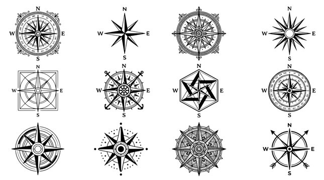 Compass rose set with vintage nautical markings, star shapes, and ornamental linework for map and travel design