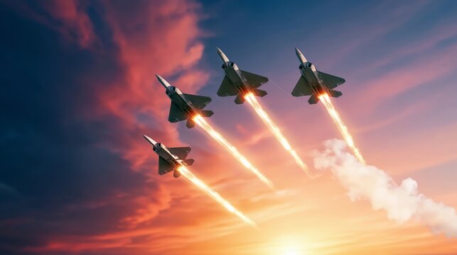 Fighter jet squadron flying fast in formation, leaving engine trails against a vibrant sunset sky, airshow display