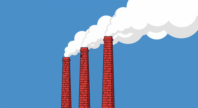 Three red brick industrial smokestacks billowing white smoke against blue sky