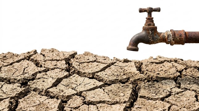 Faucet suspended over cracked dry earth symbolizes the urgent global crisis of water scarcity and environmental depletion in a changing world.