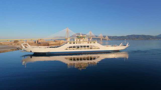 Ferry boat approaching port with open ramp across calm bay waters and the Rio-Antirrio Bridge in the distance. Maritime transport and tourism themes in Greece, Europe.
