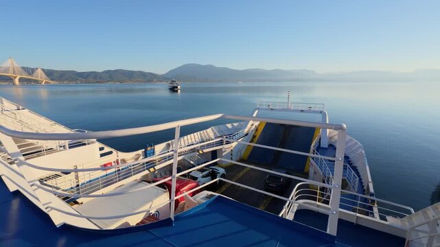 Rotating establishing shot from a passenger ro-ro ferry deck revealing a distant ship, mountain peak and large bridge during summer travel in Greece, Europe.