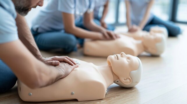 Group practicing CPR training on medical mannequin, learning emergency response and life saving first aid in classroom