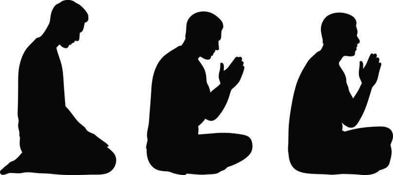 Three men in different prayer positions on white background in black silhouettes