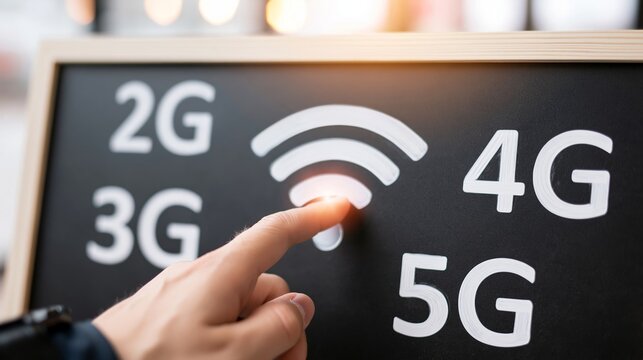 Hand activating WiFi symbol on blackboard with 2G 3G 4G 5G text, concept of wireless internet connectivity and network evolution