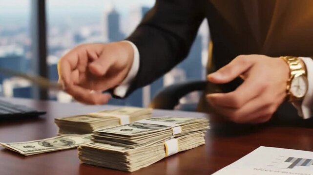 A businessman in a sharp suit and luxury watch meticulously counts a stack of US dollar bills at a polished wooden desk with a blurred city skyline in the background.
