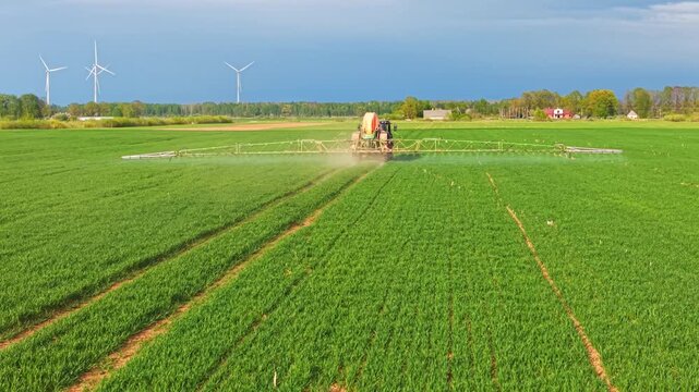 Aerial overview of tractor spraying green crops beside wind turbines, drone tracking from behind